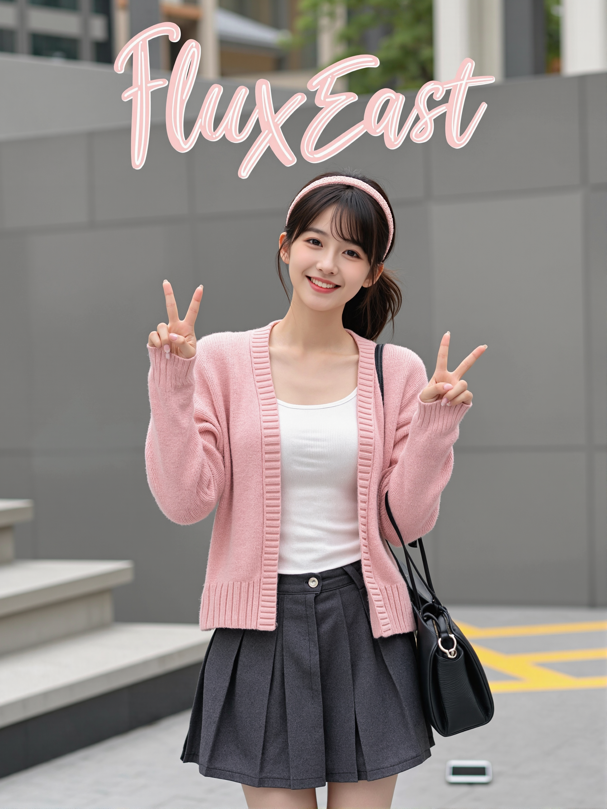 This is a clear, high-resolution everyday life photo with a casual style. In the picture, there is a young woman wearing a pink knit cardigan and a dark gray pleated denim skirt, paired with a black leather bag, giving off a fresh and natural vibe. Her hair is tied into a low ponytail, adorned with a pink hairband, adding a touch of playfulness. She looks at the camera with a smile and makes a "V" sign with her fingers, appearing very cute. The background consists of a gray wall and some blurred architectural structures, with a mobile phone on the ground, seemingly placed there by her.
There is a prominent artistic font above the picture, which reads' fluxEast 'in English