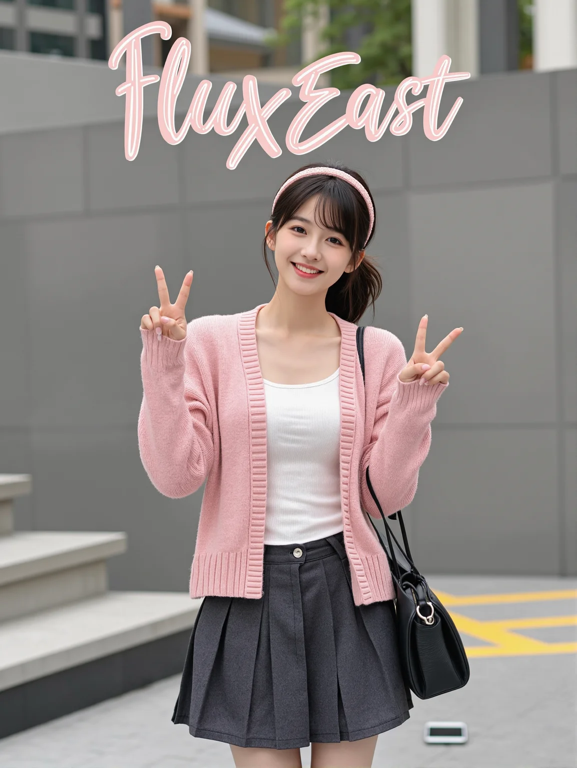This is a clear, high-resolution everyday life photo with a casual style. In the picture, there is a young woman wearing a pink knit cardigan and a dark gray pleated denim skirt, paired with a black leather bag, giving off a fresh and natural vibe. Her hair is tied into a low ponytail, adorned with a pink hairband, adding a touch of playfulness. She looks at the camera with a smile and makes a "V" sign with her fingers, appearing very cute. The background consists of a gray wall and some blurred architectural structures, with a mobile phone on the ground, seemingly placed there by her.
There is a prominent artistic font above the picture, which reads' fluxEast 'in English