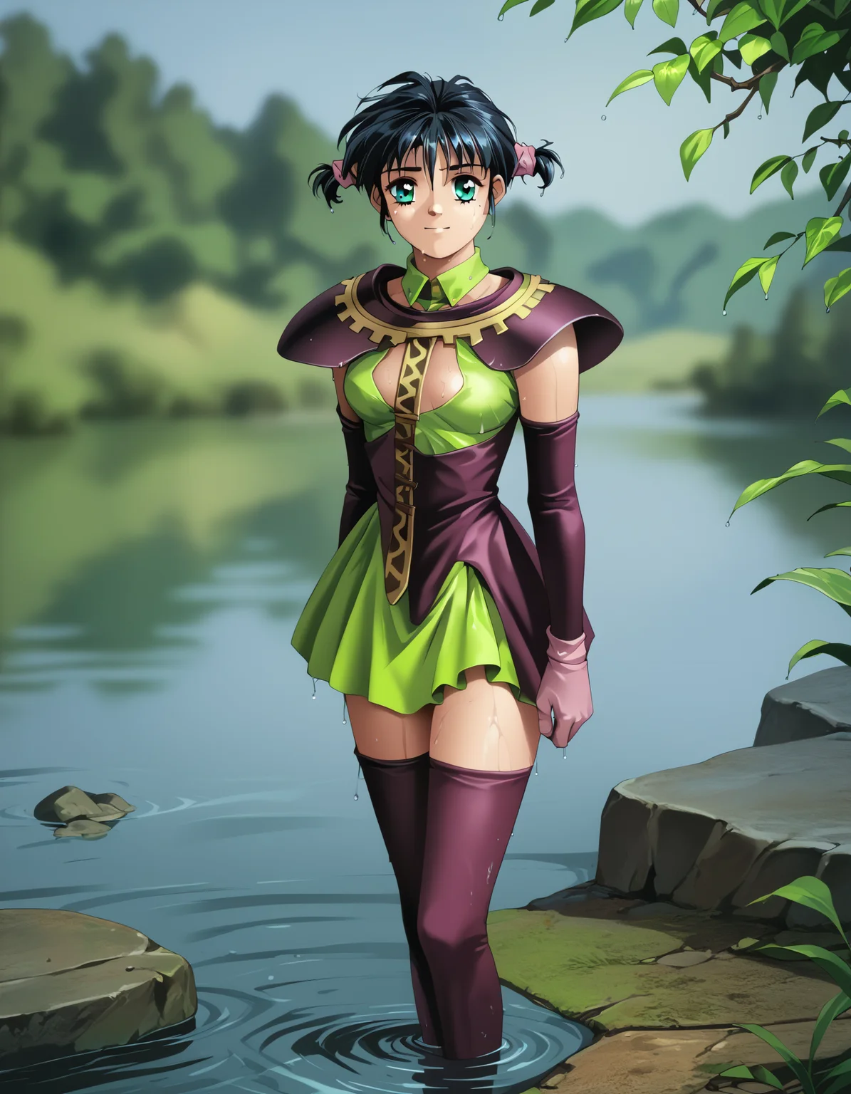 score_9,  score_8_up, score_7_up <lora:silvanna-ponyxl:1>  silvanna, green dress, (shoulder armor:0.4),  (purple armor:0.4),  purple thighhighs,
1girl, standing, light smile, lake, water, wet