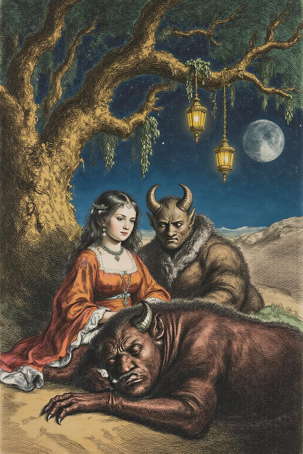 rembr1 etching of a scene from Arabian Nights, rendered in intricate, colorful detail. A beautiful woman and a sleeping demon. The woman sits gracefully under a sprawling tree with lush, curving branches and hanging vines. She has striking, almond-shaped eyes, dark flowing hair, and wears elegant traditional attire with ornate jewelry that glimmers softly under the moonlight. Her expression is calm and serene as she gazes thoughtfully into the distance. Resting his head gently on her lap is a large demon with a powerful, otherworldly presence. The demon, though fearsome in size, appears vulnerable as he lies beside her. His skin has a muted, earthy tone, and his features--sharp and beastly--are softened by a look of weary contentment. His claws are retracted, and he exudes a mixture of strength and peace in her presence. The tree's twisted branches arc above them, framing the scene like a natural canopy. Golden lamps hang from the tree, casting warm, soft light, illuminating the two figures in a magical glow. The background is a deep, starry night, with hints of distant desert dunes and a crescent moon overhead, creating an enchanting and mystical ambiance that draws the viewer into this world of fantasy and myth. <lora:rembr_etch4_cap_d6a3e11:1.0><lora:810545472470095143:0>