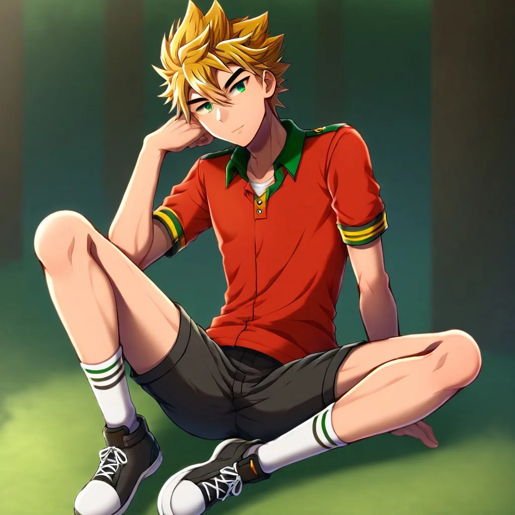 hikarishi_kenji_v2, green eyes, blonde hair, spiky hair, bangs, 1boy, solo, male focus, red shirts, black shorts, white socks, black shoes