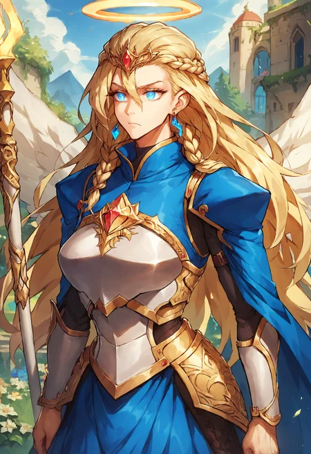 score_9, score_8_up, score_7_up, source_anime BREAK looking at boy, serious, (blue eyes:1.1). blonde hair. white hair. multicolored hair, (outer blonde hair:1.1), inner white hair, (hair between eyes:1.1). braid. very long hair. straight hair, side braids, braided hair locks. side locks, bangs, golden tiara. jewelery. glowing eyes. glowing halo. goddess, mature woman. caucasian skin. omnimous. (angel wings:1.1), jewelry, earrings, (breastplate:1.1), silver armor, (plate armor:1.1), pauldrons, blue dress, armored dress, golden tiara, hoding polearm, glowing spear, medium breasts, muscular female, castle, garden, zPDXL2, <lora:Melon22-Style-PonyXL:1>, <lora:add-detail-xl:1> <lora:Warm Lighting Style:0.2> Warm Lighting Style, <lora:1dkXLP:0.3> 1dk, <lora:Model_2:0.2> Beuty  <lora:princess_xl_v2:0.4> <lora:hand 4:0.4> Hand, hands, facing viewer,