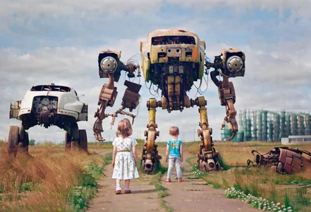 (((ultra high quality photo:1.8))) "vast overgrown field, extremely huge decrepit android, , aged and neglected appearance, advanced technology remnants, natural overgrowth, contrast between nature and forgotten futuristic elements" a rusted car next to the robot, barn in the distance, (((new robot)) walking with a child (holding hands) Simon Stlenhag Style, photo in phst artstyle, film photography style, light grain,