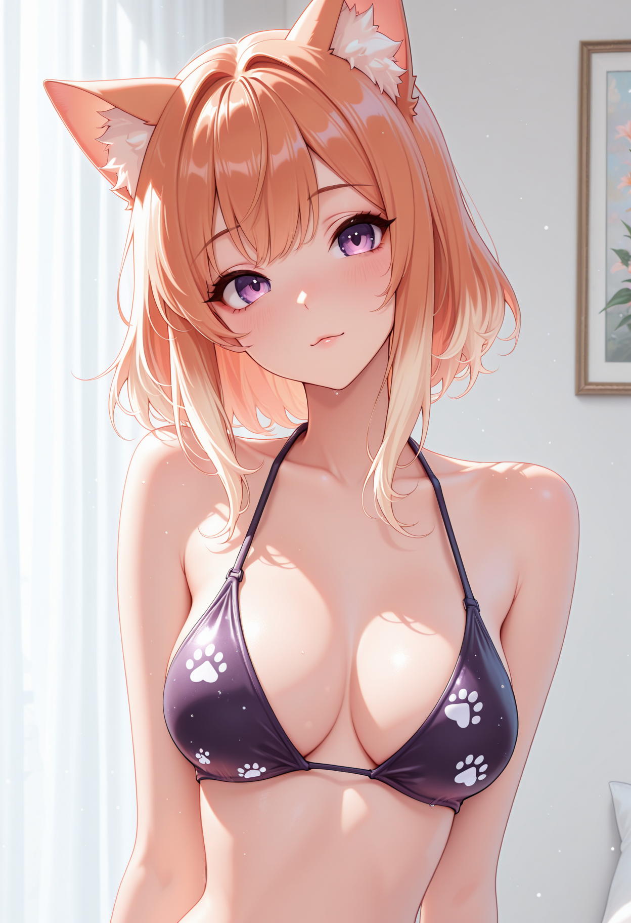 lazypos, 1girl, cat ears, cat girl, warm caramel hair, purple eyes, medium breasts,  <lora:Nyanku-000005:1>, Nyanku, Nyankupatches, front view with slight tilt, bikini