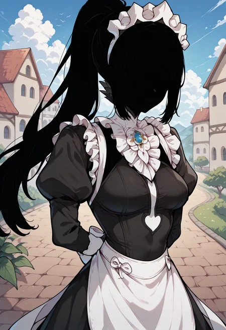 masterpiece, best quality, newest, absurdres, highres, colored skin, black skin, (black hair, silhouette:1.5), no eyes, faceless, no highlights, <lora:Shadows_illusXLNoobAI_Incrs_v1.2-000012:1>, 1girl, outdoors, solo, <lora:felicia-fe-richy-v1_ixl:1> f1cdf, long hair, ponytail, sidelocks, blunt bangs, maid headdress, black feathered collar, blue brooch, medium breasts, maid, juliet sleeves, maid apron, bridal gauntlets, arms behind back,