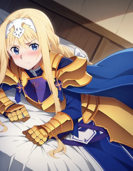 score_9, score_8_up, score_7_up, source_anime,
alicezuberg, <lora:alice-zuberg-s3-ponyxl-lora-nochekaiser:1>,
alice zuberg, bangs, blue eyes, blonde hair, hair between eyes, very long hair, braid, hairband, white hairband,
dress, cape, armor, blue dress, shoulder armor, gauntlets, pauldrons, breastplate, armored dress, faulds, blue cape, knight, gold armor, body armor,
indoors, bed, bed room, on side, blush, drunk,
solo, looking at viewer, cowboy shot, dutch angle,