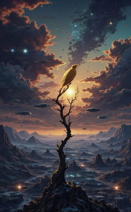 <lora:ADD_CARS_60s_to_90s.safetensors:1>
In the vast expanse of the cosmos, a stylized golden auricbird perches gracefully on a thin, luminous branch that seems to extend from a nebula. The auricbird, an elegant creature with a curvaceous tail and delicate feathers, radiates an ethereal glow, symbolizing the boundless freedom of the stars. It is set against a backdrop of swirling, multicolored nebulae, where rainbow-colored clouds of pink, blue, and pale yellow swirl in hypnotic patterns, creating a dreamlike, ethereal scene.
The branch on which the auricbird rests is itself a wonder, glowing with a soft, ethereal light that seems to pulse in rhythm with the distant stars. Around it, the cosmos is alive with celestial phenomena: distant star systems twinkle like diamonds in the darkness, and alien worlds, some shrouded in mysterious atmospheres and others dotted with sprawling cities, orbit in graceful dance.
In the background, majestic starships of legendary galactic empires glide silently, their lights twinkling like distant stars. The scene is a testament to the grandeur of the universe, where the beauty of the auricbird, with its delicate feathers and graceful form, finds a perfect place among the cosmic wonders.
This digital watercolor painting captures the essence of a universe where the mundane and the fantastical coexist, where the delicate and the vast come together in a harmonious, dreamlike symphony.