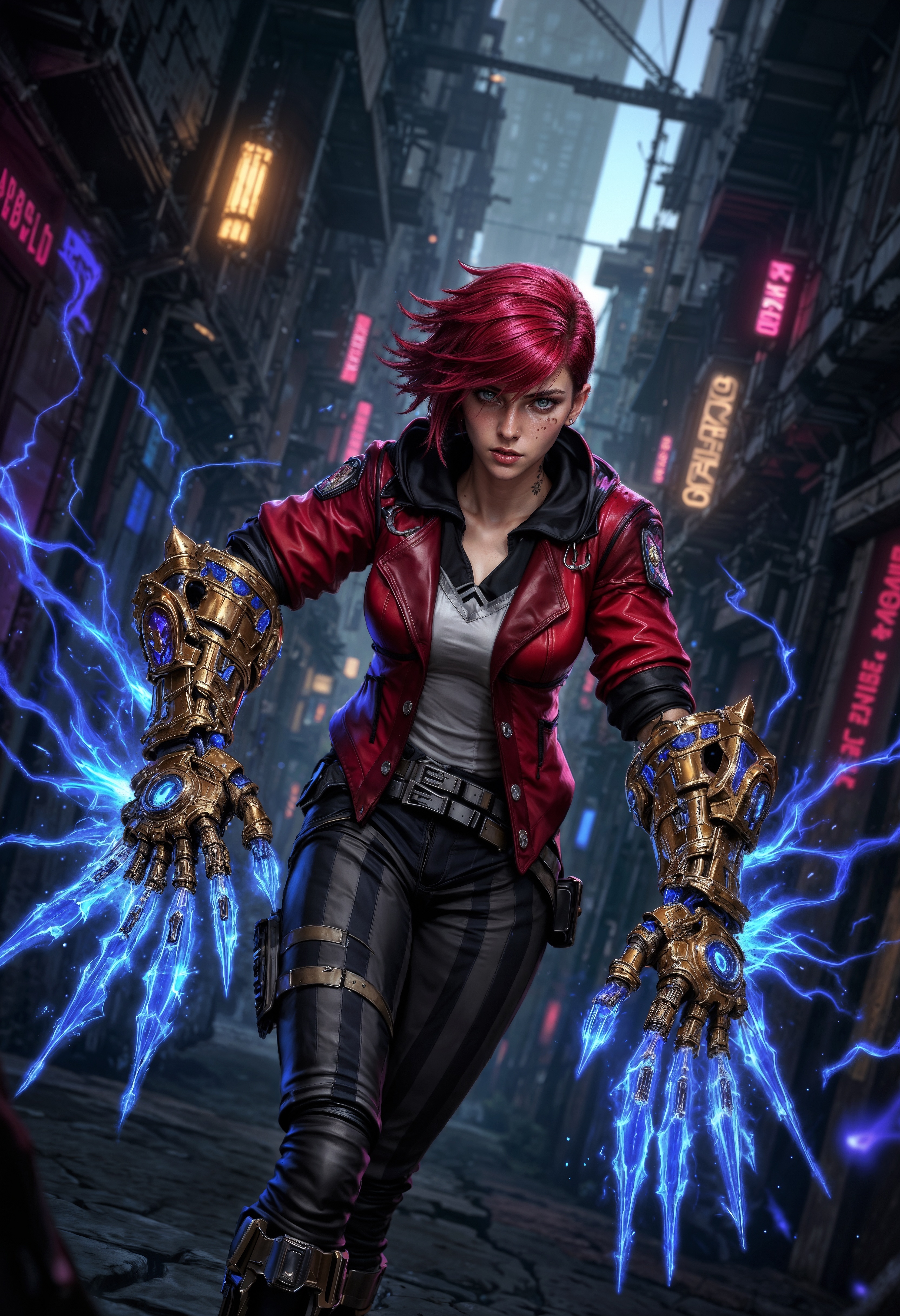 ViA, a digital illustration in a vibrant, dynamic style, depicting a futuristic urban scene. The central figure is a woman with short hair, wearing a red jacket and dark pants. She has a determined expression and is wielding large, mechanical gauntlets that emit blue electricity. Her skin is light-toned. The background features a dimly lit alley with neon lights. The scene conveys a sense of action and intensity.  <lora:FluxMythP0rtr4itStyle:0.6> <lora:Midjourney_Dreamlike_Fantasy_FLUX_LoRA:0.6> <lora:Elden_Ring_-_Yoshitaka_Amano:0.33> <lora:FluxViA:0.9>