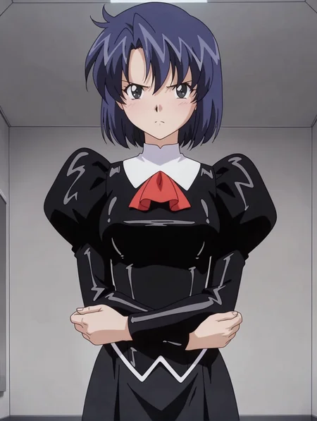 masterpiece,best quality,newest,
1girl,solo,
anime screencap,<lora:delmo_yuki_ilxl_v1.0:1>,yuki,blue hair,short hair,black eyes,d_clothes,red ascot,black dress,juliet sleeves,long sleeves,black skirt,
<lora:Fixhands_anime_bdsqlsz_V1:1>,upper_body,looking_at_viewer,white_background,simple_background,cowboy_shot,straight-on,crossed arms,(serious:0.9),standing,