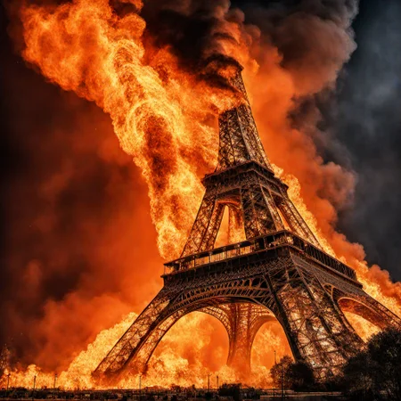 Eiffel Tower big inferno <lora:inferno:1> all over, black background