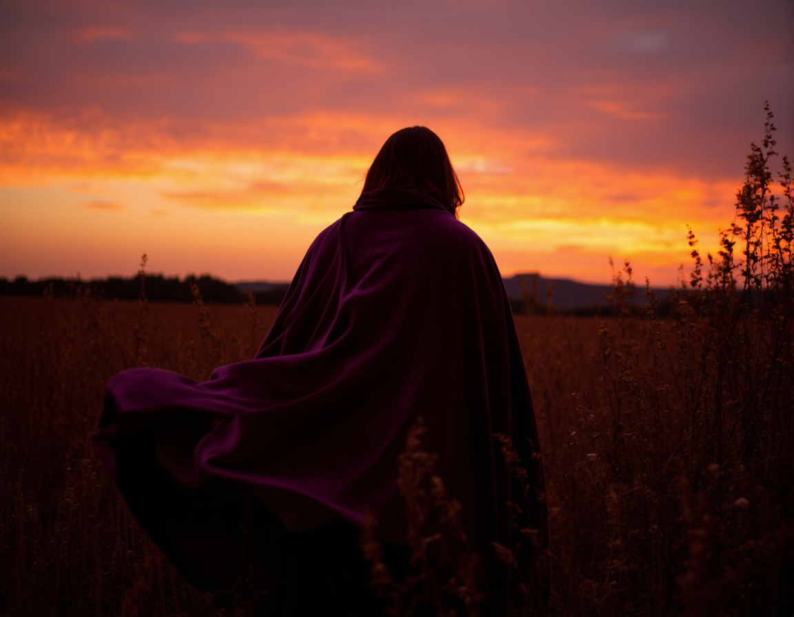  <lora:Staggering:0.85> staggering, An intricate, photorealistic digital artwork featuring a serene landscape at twilight. A lone figure in a flowing, dark purple velvet cloak stands silhouetted against a fiery sunset. The foreground is rich with details of wildflowers and tall grasses; the atmosphere is dreamlike and ethereal, with soft volumetric lighting. . 35mm photograph, film, bokeh, professional, 4k, highly detailed