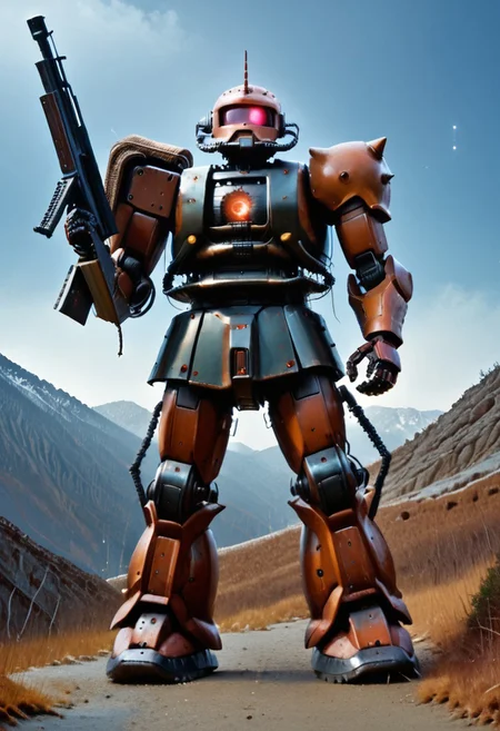 score_9, score_8_up, score_7_up, source_anime, cowboy shot, side view, BREAK, ( garma_zaku, pink monoeye, one eye, looking to the side, holding rifle in both hands, ) 1mech, mech focus, solo, BREAK, snow, ice, ice mountains, dark blue violet sky, night time, Realistic, Relaxed, Moonlit, Light sparkles, Pixabay, beautiful detailed supreme quality color intricate, dynamic dramatic beautiful full taking, contemporary fine detail, highly detail, dynamic background, positive emotional,