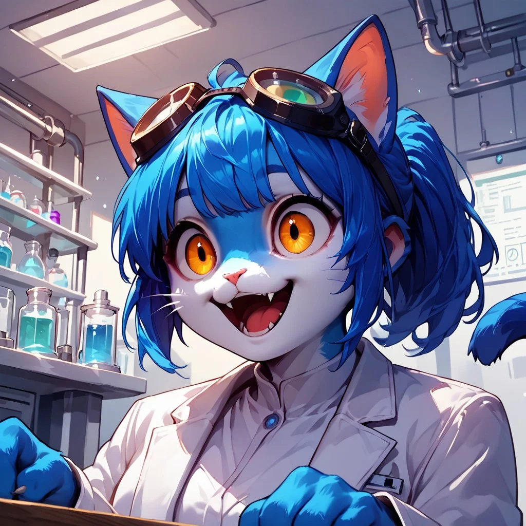 blue Anthro cat, Audr3yC4t,
score_9, score_8_up, score_7_up, source_anime, Standing in laboratory, white lab coat, black goggles, Excited, table beakers From front, close up,