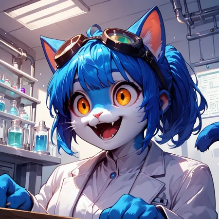 blue Anthro cat, Audr3yC4t,
score_9, score_8_up, score_7_up, source_anime, Standing in laboratory, white lab coat, black goggles, Excited, table beakers From front, close up,