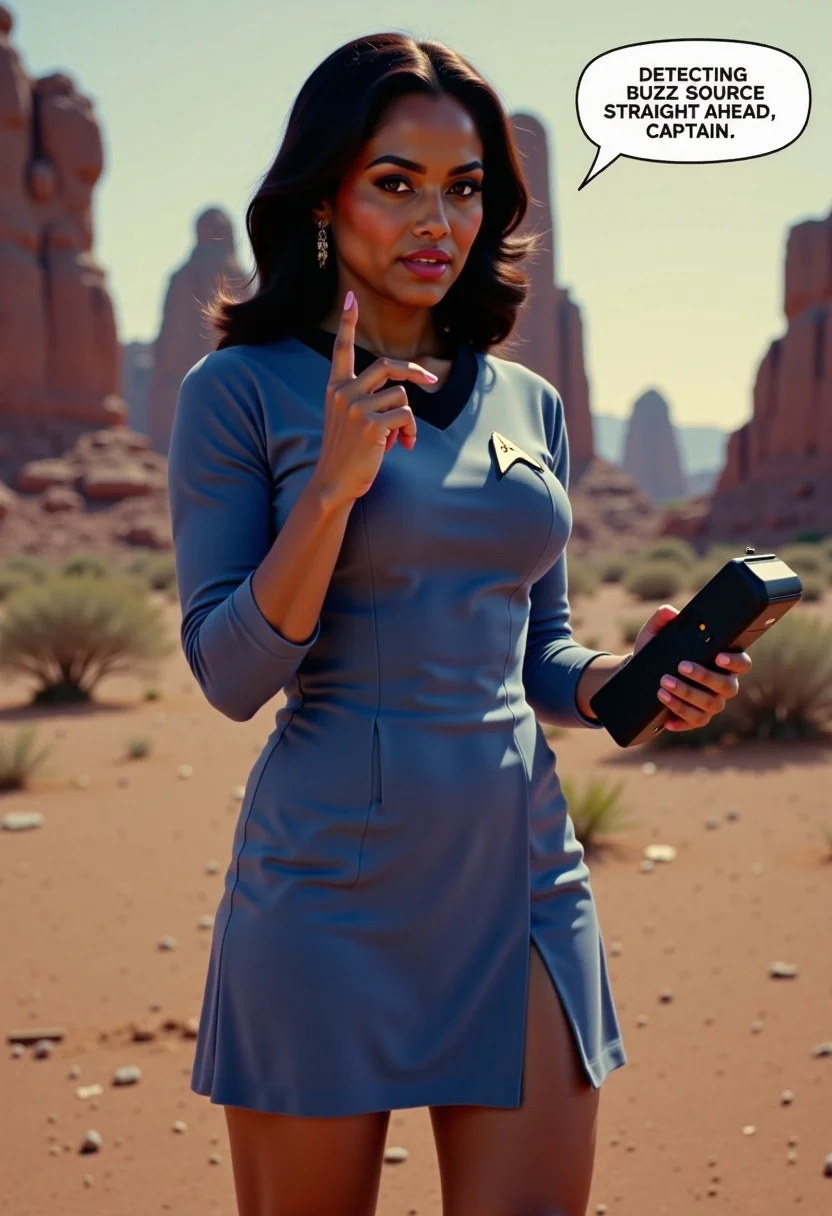 on an alien world, a beautiful Indian girl wearing a tight-fitting blue TOS uniform dress, facing the viewer, looking at her tricorder, pointing at the viewer, she is glamorous, statuesque, supermodel, facing the viewer, word balloon reads "Detecting Buzz Source Straight Ahead, Captain.", alien world, Juaner_font