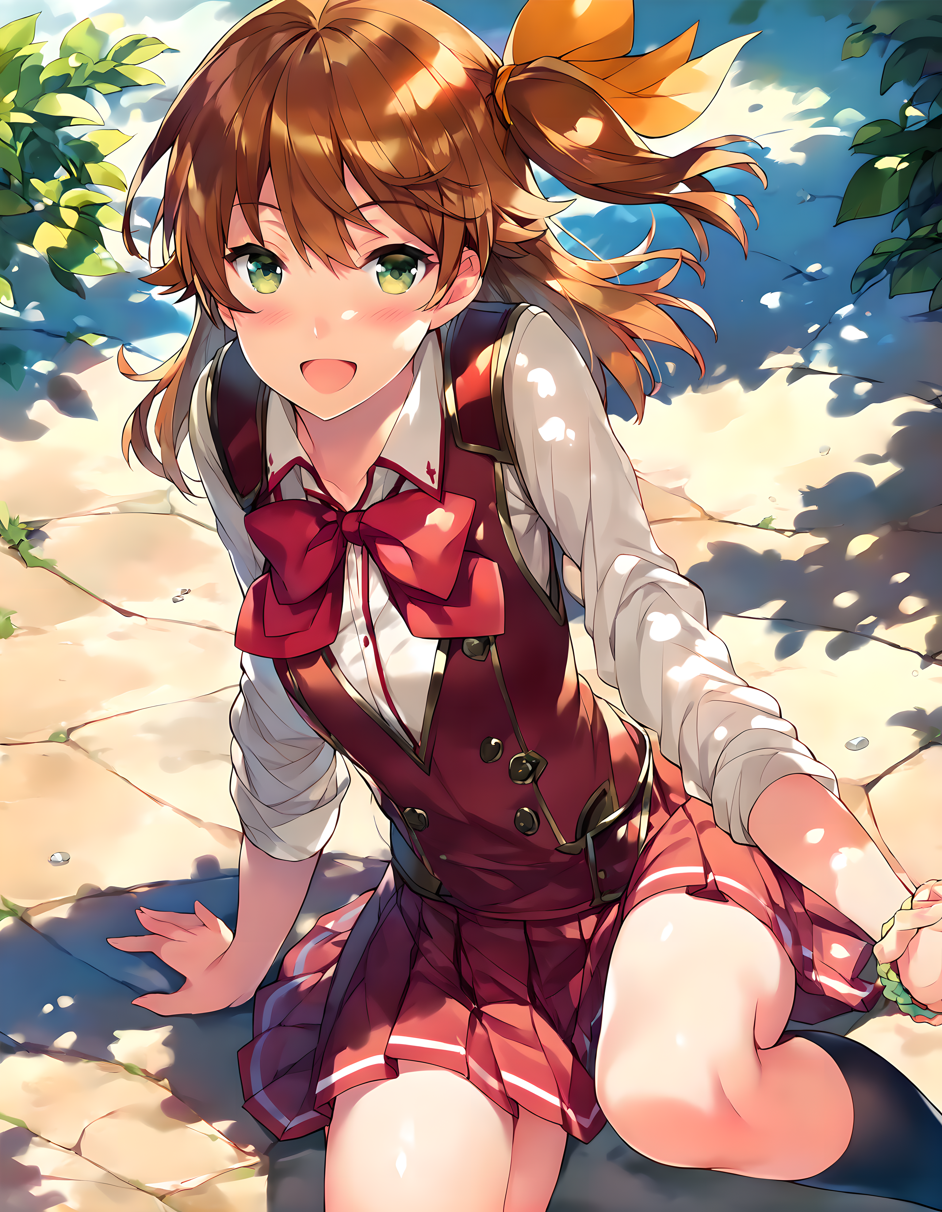 <lora:pony_xl_aina:0.9>,aina,score_9,score_8_up,score_7_up,source_anime,best quality,masterpiece,super fine illustration,1girl,solo,school uniform,vest,white shirt,collared shirt,red bow,red skirt,pleated skirt,black socks,kneehighs,loafers,looking at viewer,smile,:d,open mouth,light_blush,fantasy world,sitting,wariza,knees_together_feet_apart,