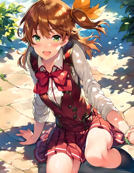 <lora:pony_xl_aina:0.9>,aina,score_9,score_8_up,score_7_up,source_anime,best quality,masterpiece,super fine illustration,1girl,solo,school uniform,vest,white shirt,collared shirt,red bow,red skirt,pleated skirt,black socks,kneehighs,loafers,looking at viewer,smile,:d,open mouth,light_blush,fantasy world,sitting,wariza,knees_together_feet_apart,