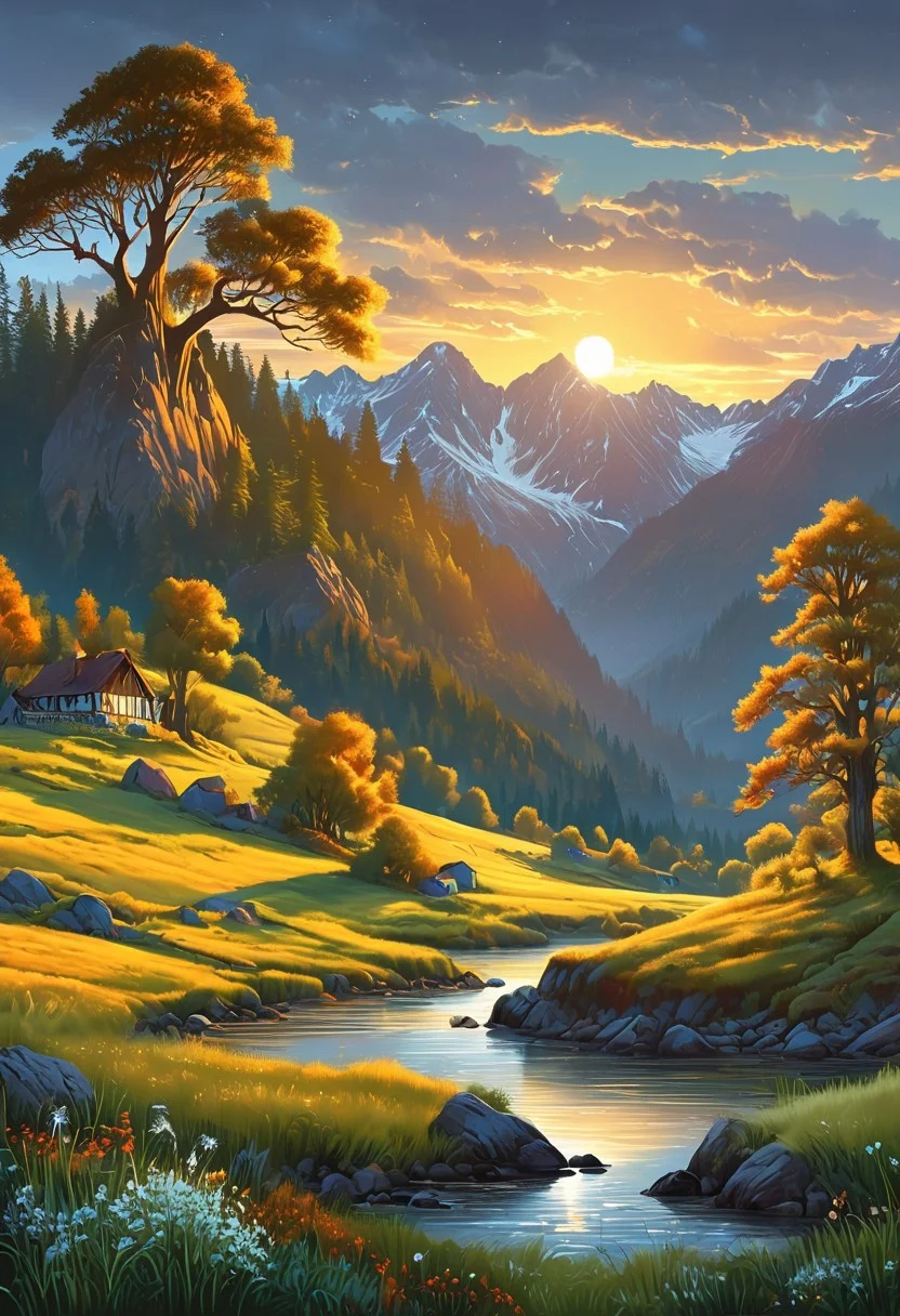 A captivating night scene illustration featuring a beautiful scene of the great out doors in the pacific northwest.. There are great mountains, pine forests, and rivers. It is an outdoorsman's dream. This enchanting artwork captures a serene and peaceful night, where the sun is just starting to rise over the beautiful hills and castle which stands resolute amidst hills of Wales, creating a cinematic experience., illustration, cinematic
<lora:DonM3t3rn1tyXL-v1.1:0.7>, DonM3t3rn1tyXL,
OverallDetailXL <lora:MJ52:0.3> <lora:SDXLFaeTastic2400:0.4> <lora:EpicF4nta5yXL:0.7>