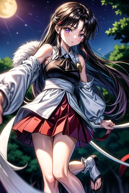 masterpiece, best quality 1girl Setsun4 solo long hair, (night time) forest background black hair very long hair purple eyes multicolored hair armor (fur trim) (medium body),<lora:EMS-179-EMS:0.800000>,<lora:EMS-293862-EMS:0.800000>ascot, bare shoulders, black footwear, detached sleeves, embellished costume, frills, japanese clothes, nontraditional miko, red skirt, sandals, sarashi, skirt, socks, armor, miko