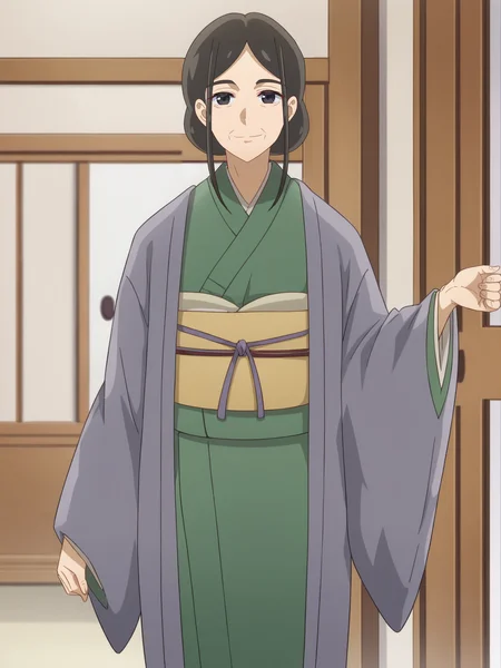<lora:Kaede_Hanamiya-Hokkaido_Gals_Are_Super_Adorable:1>,kaede,old woman,1girl,black hair,black eyes,kimono,cowboy shot,standing,looking at viewer,indoors,smile