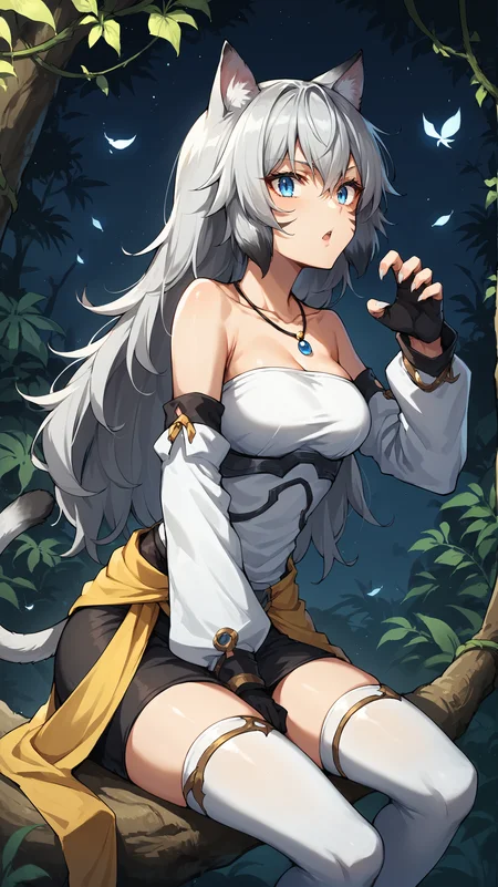 score_9,score_8_up,score_7_up,score_6_up, source_anime, zPDXL, <lora:xl_more_art-full_v1:0.5>, woman, dynamic pose, <lora:Suphia - Pony-000004:0.7>, white top, long hair, gray hair, cat ears, blue eyes, necklace, yellow waist cape, white sleeves, detached sleeves, black face markings, black miniskirt, white thighhighs, cat tail, black gloves, claw pose, (night time), darkness, dark shadows, jungle, vines, large leaves, sitting in a tree, branch,