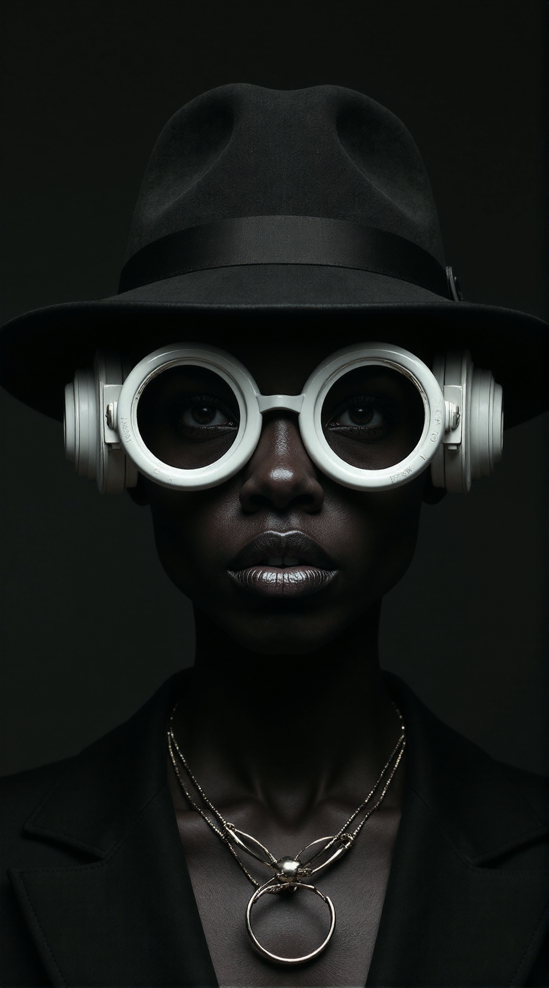 (In the style of rossdraws),
Create a striking and enigmatic portrait of a person, centered in the frame, embodying a futuristic and avant-garde aesthetic with high-fashion editorial flair. The subject is adorned in a black hat featuring a circular brim that elegantly frames their face, with a central, pointed adornment extending upwards, adding height and drama to their appearance. Their oversized, circular white glasses contribute to the futuristic vibe, complete with large, conical attachments on either side, resembling advanced auditory or communication devices.
The mood of the image is intense and mysterious, captured through the subject's direct and engaging gaze. Dramatic lighting casts a luminous glow on their skin, set against a dark background, highlighting the contrast and sculptural quality of their features and accessories. The composition is perfectly symmetrical, with the subject's face and accessories evenly placed, further emphasized by the uniformity of their necklace.
The subject's expression is neutral yet powerful, with closed lips and wide-open eyes, enhancing the enigmatic quality of the portrait. The color palette is monochromatic, dominated by black, with the white of the glasses and the subtle sheen on the subject's skin punctuating the scene. This limited color scheme accentuates the impact of the subject's dark skin tone and the textures of their accessories.
The square frame focuses the viewer's attention solely on the subject, eliminating any extraneous details and ensuring the central figure remains the focal point. The use of space and the dark background contribute to the subject's prominence in the image.
Overall, the image should blend elements of fashion, science fiction, and portraiture, creating a visually arresting and thought-provoking piece, perfectly suited for the FLUX AI model.