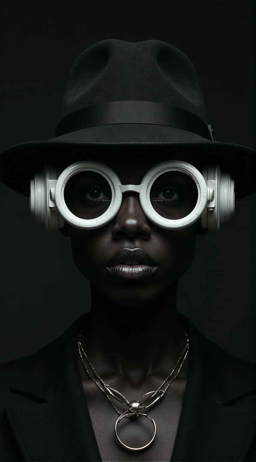 (In the style of rossdraws),
Create a striking and enigmatic portrait of a person, centered in the frame, embodying a futuristic and avant-garde aesthetic with high-fashion editorial flair. The subject is adorned in a black hat featuring a circular brim that elegantly frames their face, with a central, pointed adornment extending upwards, adding height and drama to their appearance. Their oversized, circular white glasses contribute to the futuristic vibe, complete with large, conical attachments on either side, resembling advanced auditory or communication devices.
The mood of the image is intense and mysterious, captured through the subject's direct and engaging gaze. Dramatic lighting casts a luminous glow on their skin, set against a dark background, highlighting the contrast and sculptural quality of their features and accessories. The composition is perfectly symmetrical, with the subject's face and accessories evenly placed, further emphasized by the uniformity of their necklace.
The subject's expression is neutral yet powerful, with closed lips and wide-open eyes, enhancing the enigmatic quality of the portrait. The color palette is monochromatic, dominated by black, with the white of the glasses and the subtle sheen on the subject's skin punctuating the scene. This limited color scheme accentuates the impact of the subject's dark skin tone and the textures of their accessories.
The square frame focuses the viewer's attention solely on the subject, eliminating any extraneous details and ensuring the central figure remains the focal point. The use of space and the dark background contribute to the subject's prominence in the image.
Overall, the image should blend elements of fashion, science fiction, and portraiture, creating a visually arresting and thought-provoking piece, perfectly suited for the FLUX AI model.