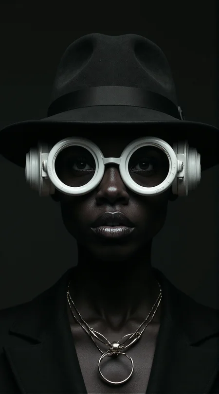 (In the style of rossdraws),
Create a striking and enigmatic portrait of a person, centered in the frame, embodying a futuristic and avant-garde aesthetic with high-fashion editorial flair. The subject is adorned in a black hat featuring a circular brim that elegantly frames their face, with a central, pointed adornment extending upwards, adding height and drama to their appearance. Their oversized, circular white glasses contribute to the futuristic vibe, complete with large, conical attachments on either side, resembling advanced auditory or communication devices.
The mood of the image is intense and mysterious, captured through the subject's direct and engaging gaze. Dramatic lighting casts a luminous glow on their skin, set against a dark background, highlighting the contrast and sculptural quality of their features and accessories. The composition is perfectly symmetrical, with the subject's face and accessories evenly placed, further emphasized by the uniformity of their necklace.
The subject's expression is neutral yet powerful, with closed lips and wide-open eyes, enhancing the enigmatic quality of the portrait. The color palette is monochromatic, dominated by black, with the white of the glasses and the subtle sheen on the subject's skin punctuating the scene. This limited color scheme accentuates the impact of the subject's dark skin tone and the textures of their accessories.
The square frame focuses the viewer's attention solely on the subject, eliminating any extraneous details and ensuring the central figure remains the focal point. The use of space and the dark background contribute to the subject's prominence in the image.
Overall, the image should blend elements of fashion, science fiction, and portraiture, creating a visually arresting and thought-provoking piece, perfectly suited for the FLUX AI model.