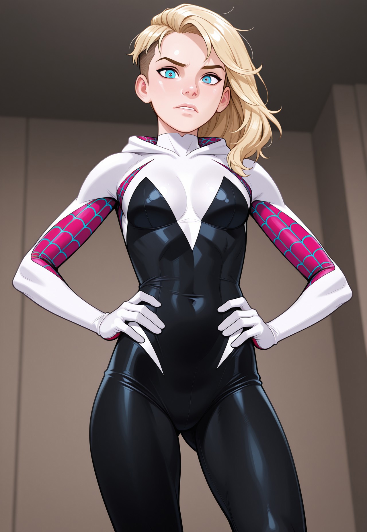 1girl , solo,
spider gwen , gwen_stacy, marvel, 1girl, blonde_hair, blue_eyes, undercut, pierced eyebrows, 
hands on hip, , 
Best quality, very awa


