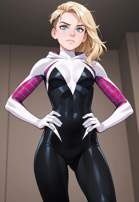1girl , solo,
spider gwen , gwen_stacy, marvel, 1girl, blonde_hair, blue_eyes, undercut, pierced eyebrows,
hands on hip, ,
Best quality, very awa