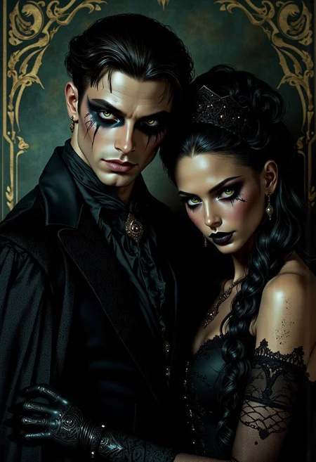 
Dark,mysterious,haunting,dramatic,ornate,detailed,full body, old portrait, strange couple, lovers, haunted eyes.