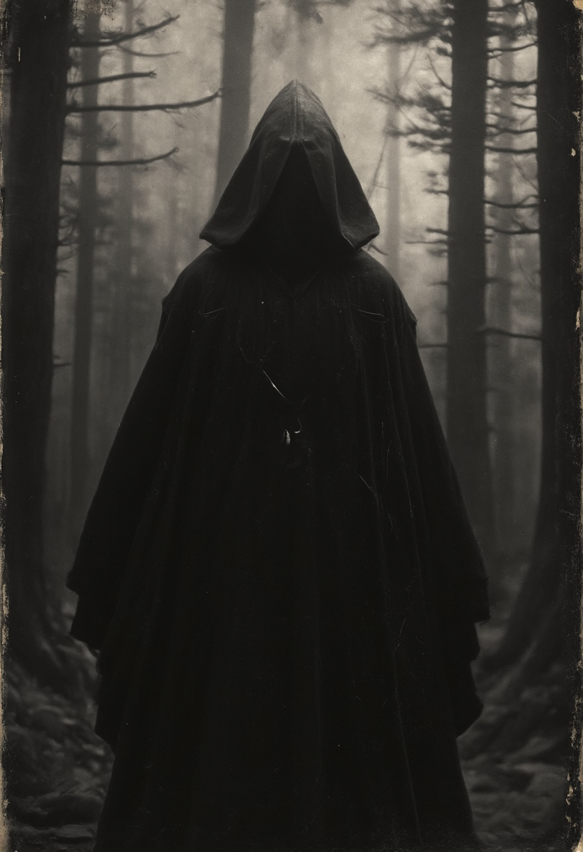 daguerreotype, occult, old photo, dark creepy, pointy hooded cultist, forest, black and white photo, dark, shadow, distorted, grainy, film grain, Victorian