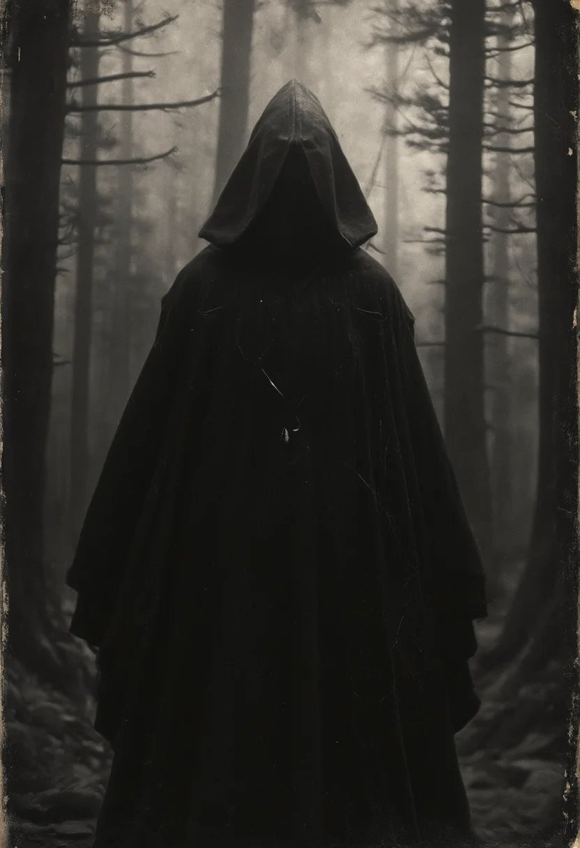 daguerreotype, occult, old photo, dark creepy, pointy hooded cultist, forest, black and white photo, dark, shadow, distorted, grainy, film grain, Victorian