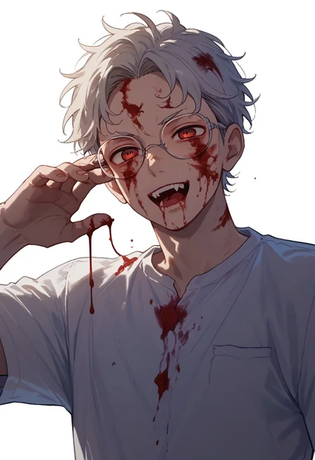 score_9, score_8_up, score_7_up, score_6_up, score_5_up, score_4_up, male school uniform, rounded glasses, solo, red eyes, open mouth, looking at viewer, blood, teeth, 1boy, male focus, shirt, monochrome, white background, score_9, score_8_up, score_7_up, score_6_up, score_5_up, score_4_up, male school uniform, glasses, solo, white hair, red eyes, open mouth, looking at viewer, blood, teeth, fangs, 1boy, male focus, shirt, blood on shirt, monochrome, white background, highly detailed, cinematic, <lora:add-detail-xl:1>