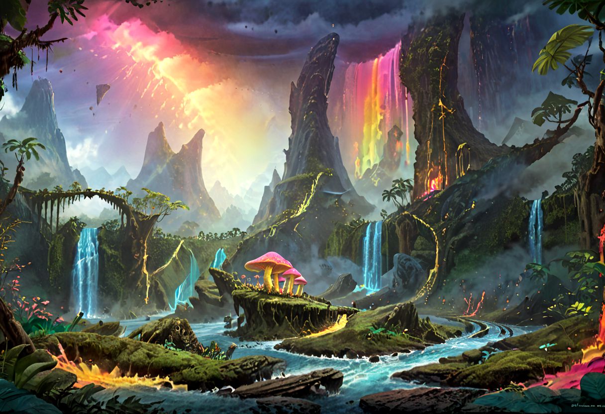 (Split terrain in left and right side. The right side is a lava land with an exploding volcano in the background. The left side is a jungle and water.)
(Jungle full of giant, overgrown trees and many large (glowing mushrooms) in different bright contained color. Blue mushroom. Green mushroom. Pink mushroom. Yellow mushroom.)
(A path leads through the Jungle and is covered in golden cracks)
masterpiece, best quality, ultra detailed, professional light, cinematic lighting, ambient lighting, atmospheric effects, photorealistic, epic landscape, high fantasy, waterfall, mountains, cliff, one bridge, clouds, (jungle), volcano in background, rainbow.