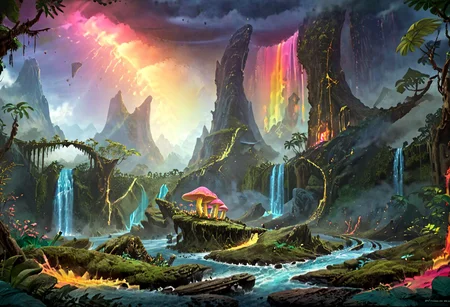 (Split terrain in left and right side. The right side is a lava land with an exploding volcano in the background. The left side is a jungle and water.)
(Jungle full of giant, overgrown trees and many large (glowing mushrooms) in different bright contained color. Blue mushroom. Green mushroom. Pink mushroom. Yellow mushroom.)
(A path leads through the Jungle and is covered in golden cracks)
masterpiece, best quality, ultra detailed, professional light, cinematic lighting, ambient lighting, atmospheric effects, photorealistic, epic landscape, high fantasy, waterfall, mountains, cliff, one bridge, clouds, (jungle), volcano in background, rainbow.