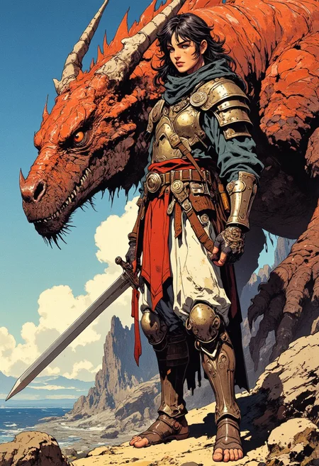Full body view of an attractive female barbarian dressed in an Arab warrior style, battle armor, barefoot , holding sword, standing next to her large dragon companion, they stand in front of some rocks and boulders, in the style of Sam Weber and Clyde Caldwell, in the style of Dave Dorman, dragoncore-inspired concept art for Dungeons & Dragons, with high levels of detail --no elf ears, pants