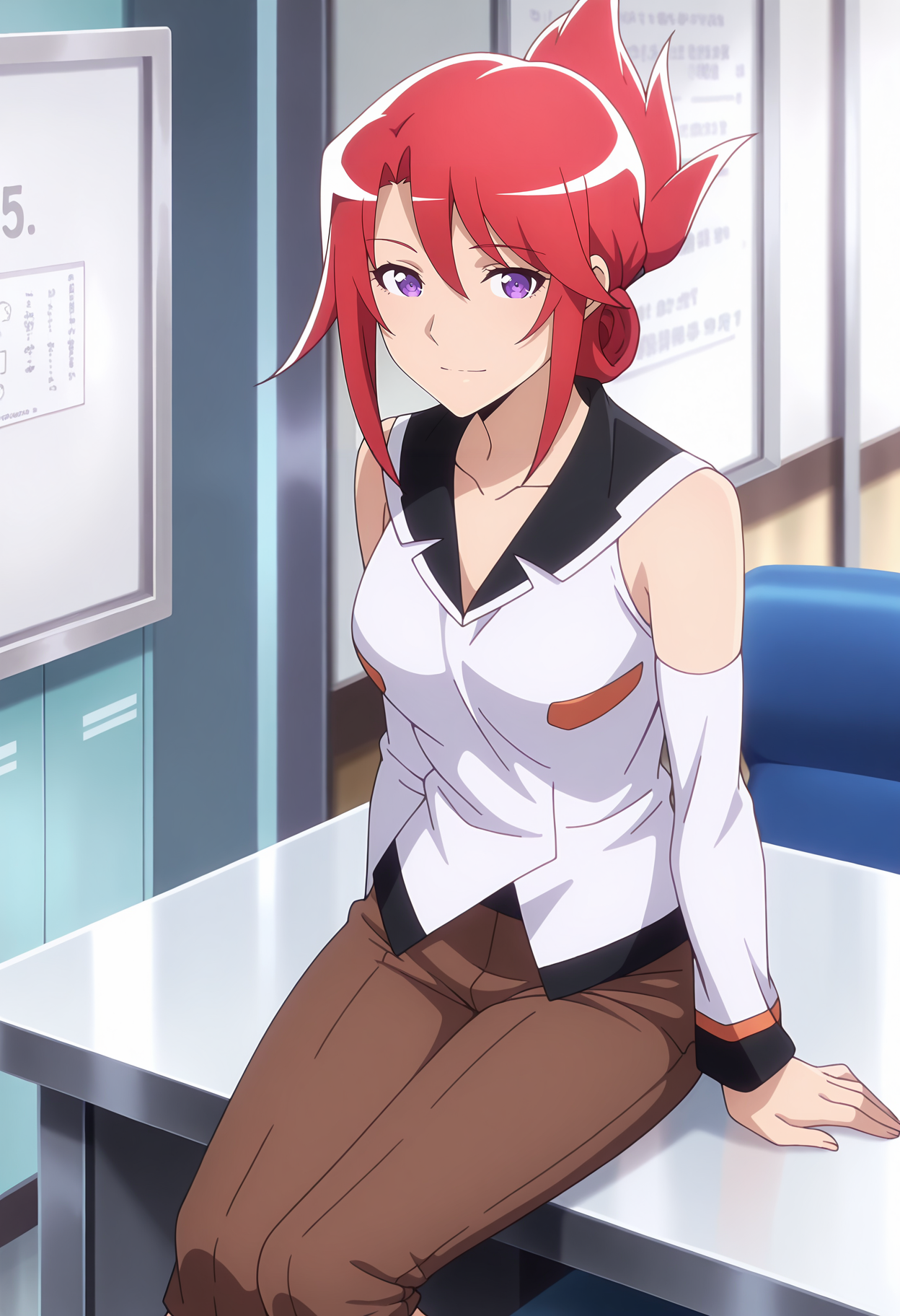 anime screencap, masterpiece, best quality,
<lora:PlasticMemories_KuwanomiKazuki_IlluXL:0.9>,
1girl, solo, closed mouth, light smile,
folded ponytail, red hair, purple eyes,
collarbone, black sailor collar, sleeveless, white shirt, detached sleeves, capri pants, brown pants,
sitting, on table, looking at viewer, cowboy shot,
office, indoors, whiteboard, blurry background