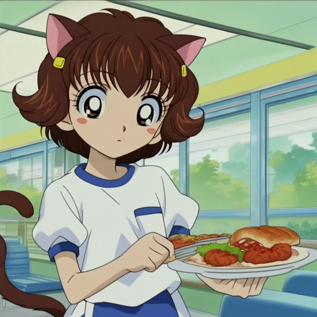 source_anime, score_9, score_8_up, score_7_up, perfect lighting, very aesthetic, intricate details, highly detailed background, high quality, perfect hands,1girl, solo, young, female child, hiroko haruna, hamtaro, brown hair, twintails, hairclip, brown eyes, short hair, blush stickers, gym uniform, white shirt, blue shorts, maid uniform, cat ears, cat tail, holding train, food, indoors, cafeteria
