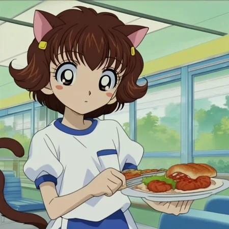 source_anime, score_9, score_8_up, score_7_up, perfect lighting, very aesthetic, intricate details, highly detailed background, high quality, perfect hands,1girl, solo, young, female child, hiroko haruna, hamtaro, brown hair, twintails, hairclip, brown eyes, short hair, blush stickers, gym uniform, white shirt, blue shorts, maid uniform, cat ears, cat tail, holding train, food, indoors, cafeteria