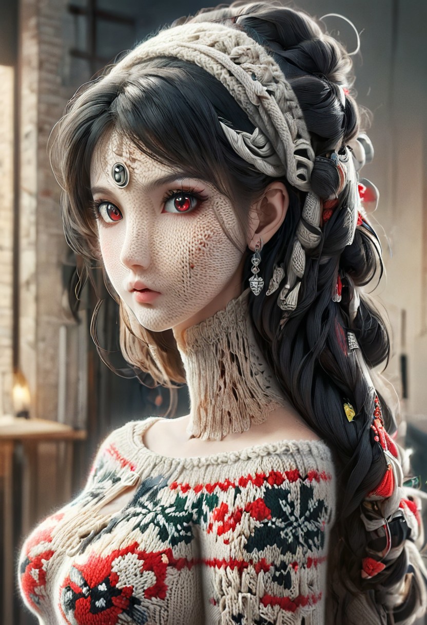 <lora:SDXLChristmasSweater:1>christmassweater, yor briar, black hair, (red eyes:1.5), earrings, white hairband, hairband, long hair, sidelocks, bare shoulders, collarbone, dress, long sleeves, off shoulder, off-shoulder dress, off-shoulder sweater, pantyhose, red sweater, sweater, sweater dress, thighs, holding a dynamic shot of a majestic pikachu, wearing christmasssweater, uhd, 8k, high quality, digital illustration,  wearing hood,