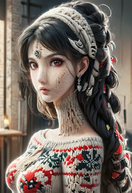 <lora:SDXLChristmasSweater:1>christmassweater, yor briar, black hair, (red eyes:1.5), earrings, white hairband, hairband, long hair, sidelocks, bare shoulders, collarbone, dress, long sleeves, off shoulder, off-shoulder dress, off-shoulder sweater, pantyhose, red sweater, sweater, sweater dress, thighs, holding a dynamic shot of a majestic pikachu, wearing christmasssweater, uhd, 8k, high quality, digital illustration,  wearing hood,