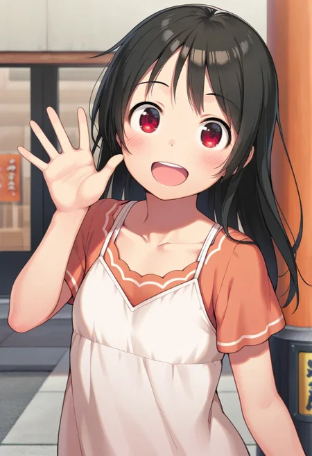 masterpiece,best quality,amazing quality, fushimi inari, black hair, red eyes, long hair, 1girl, solo, open mouth, smile, :d, blush, waving, looking at viewer, collarbone