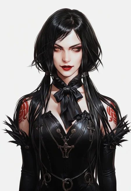 score_9, score_8_up, score_7_up, hyper realistic, shanoa, mistress, black hair, low twin tails, seductive, black clothing, vampire