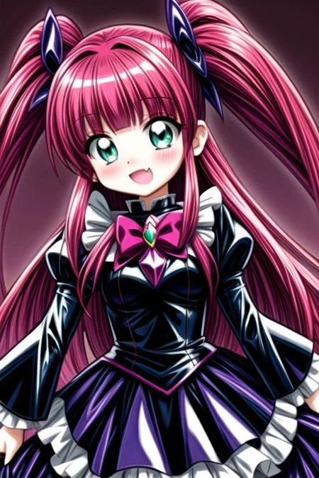 Bad_End_Precure, DarkPrecure, corrupted princess wearing dark pastel (ruffled:1) (gleaming latex:1) gown with (latex vampire cloak:1) and (detached frilly wide sleeves:1), soft lighting, ruffles, (cute little fang:1)
(vmpr:1),
<lora:more_details:1>,