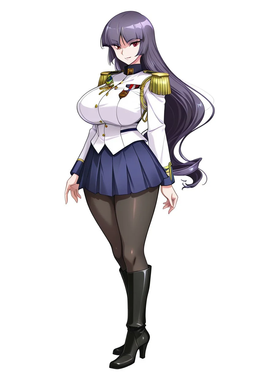 score_9,score_8_up,score_7_up,source_anime,5_figner,2d_animation,game cg,BREKE,1girl,solo,
zzSabrina, red eyes, long hair, blunt bangs, sabrina pokemon, purple hair, black hair,
Celia school Uniform,pleated skirt,blue skirt,black pantyhose,school uniform,epaulettes,long sleeves,white uniform,aiguillette,black knee boots,high heel boots,
serious,smile,openmouth,cowboyshot,standing,
huge breasts,thick hips,thick thighs,thick waist,disproportionate breasts,
curves,glamour,
looking at viewer,front view,
simple background,white background,
masterpiece,best qualit,ultra-detailed,illustration,an extremely delicate and beautiful,beautiful detailed eyes,unity 8k wallpaper,high resolution,anime CG,official_art,Erotic_style, uncensored, anime_coloring, anime_screencap,