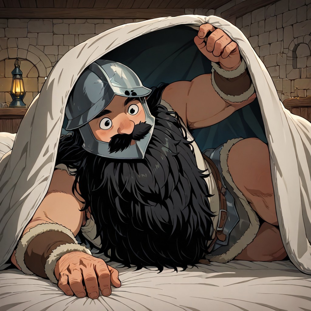 masterpiece, best quality, newest, absurdres, highres, anime, anime style, BINV-V1.0, bed invitation, cover, under covers, 
1boy, senshi_(dungeon_meshi) /(dungeon meshi/), dwarf, beard, helmet, black hair, black eyes,