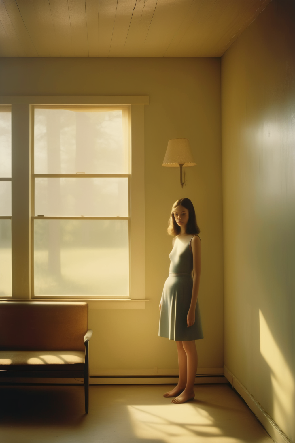 <lora:Todd Hido Style:1>Todd Hido Style - Liminal space interior near a country street. Evening light. 28mm lens, dramatic lighting. Realistic skin. Full length figures. 2023. By Todd Hido and Wes Anderson and Alex Webb and Bo Bartlett and Sally Mann. Mixed race.