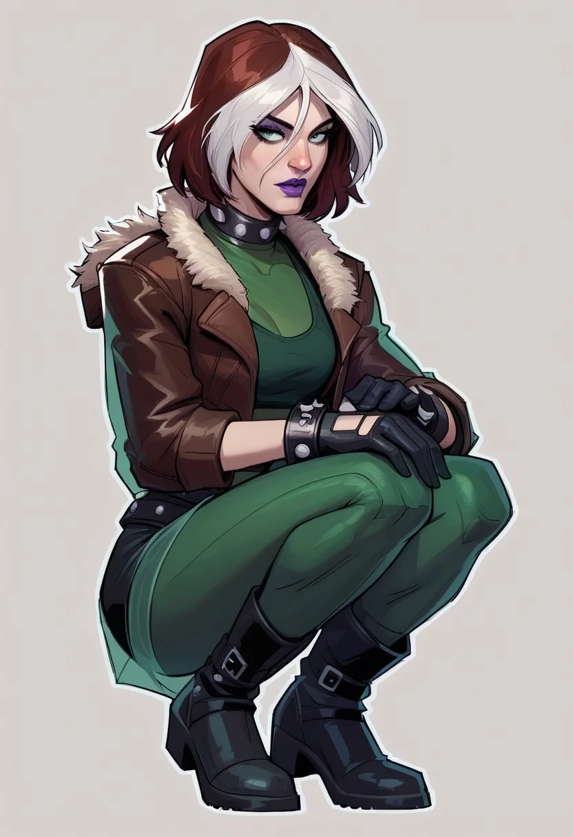 score_9, score_8_up, score_7_up, score_6_up, {Rogue, marvel}, 1girl, pale skin, lilac lips, lilac makeup, short brown hair with white bangs, EVOrogue, black sports bra, studded collar, green mesh top (covered chest), green transparent blouse, long sleeves, gray eyes, black leather skirt, black tights, big black boots, studded bracelets, leather gloves, brown bomber jacket, fur trim, hood,
casual clothes, goth outfit,
detailed face, pretty face, outline, cel-shading, sketch,
Crouching, closed legs, view from the side,