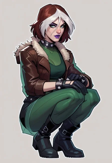 score_9, score_8_up, score_7_up, score_6_up, {Rogue, marvel}, 1girl, pale skin, lilac lips, lilac makeup, short brown hair with white bangs, EVOrogue, black sports bra, studded collar, green mesh top (covered chest), green transparent blouse, long sleeves, gray eyes, black leather skirt, black tights, big black boots, studded bracelets, leather gloves, brown bomber jacket, fur trim, hood,
casual clothes, goth outfit,
detailed face, pretty face, outline, cel-shading, sketch,
Crouching, closed legs, view from the side,